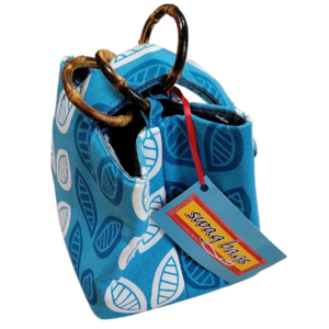 Turquoise Leaf Print Mini Handcrafted Wrist Swag Bag with Bamboo Trio Handle NWT